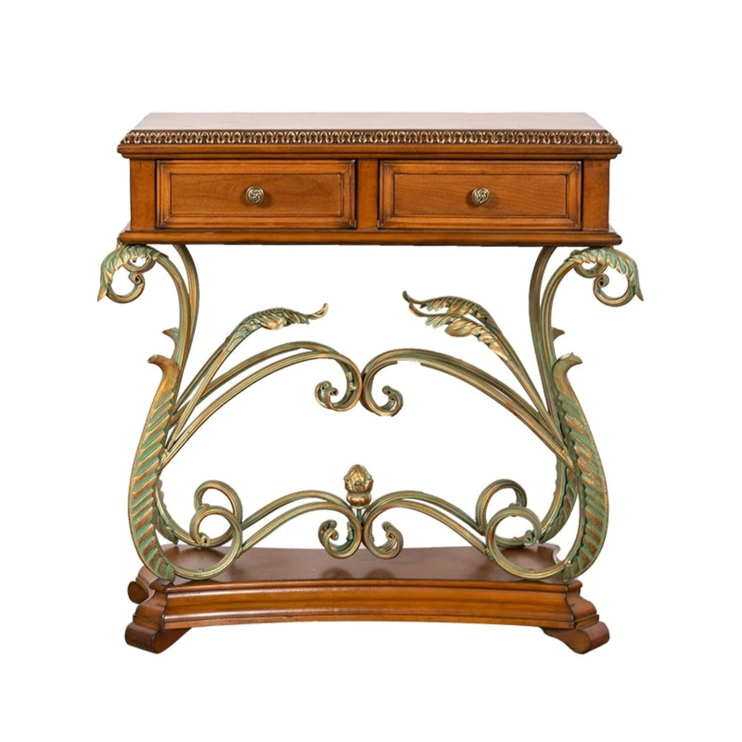 Retro Solid Wood Carving Console Table With 2 Drawers, Metal Flower Vine Table Legs