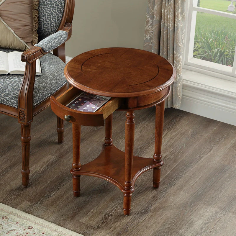 Solid Wood End Table with Drawer, Round 2-Tier Nightstand with Storage Shelf,Sofa Side Table,Living Room Flower Stand