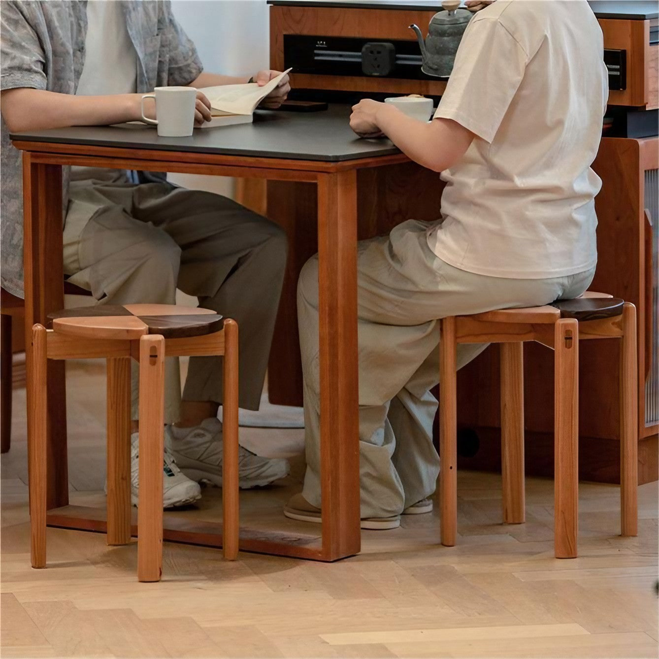 Cherry Wood And Black Walnut Wood Stackable Stool Four-Leaf Clover Dining Chair Side Table