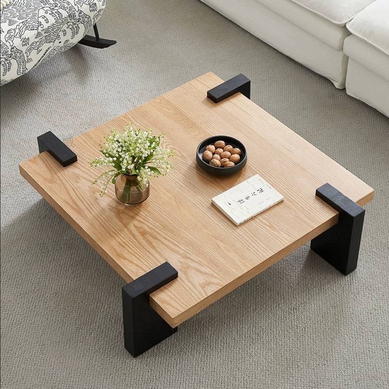 Solid Wood Square Coffee Table with Black Wooden Base, Heavy Wood Short Center Table