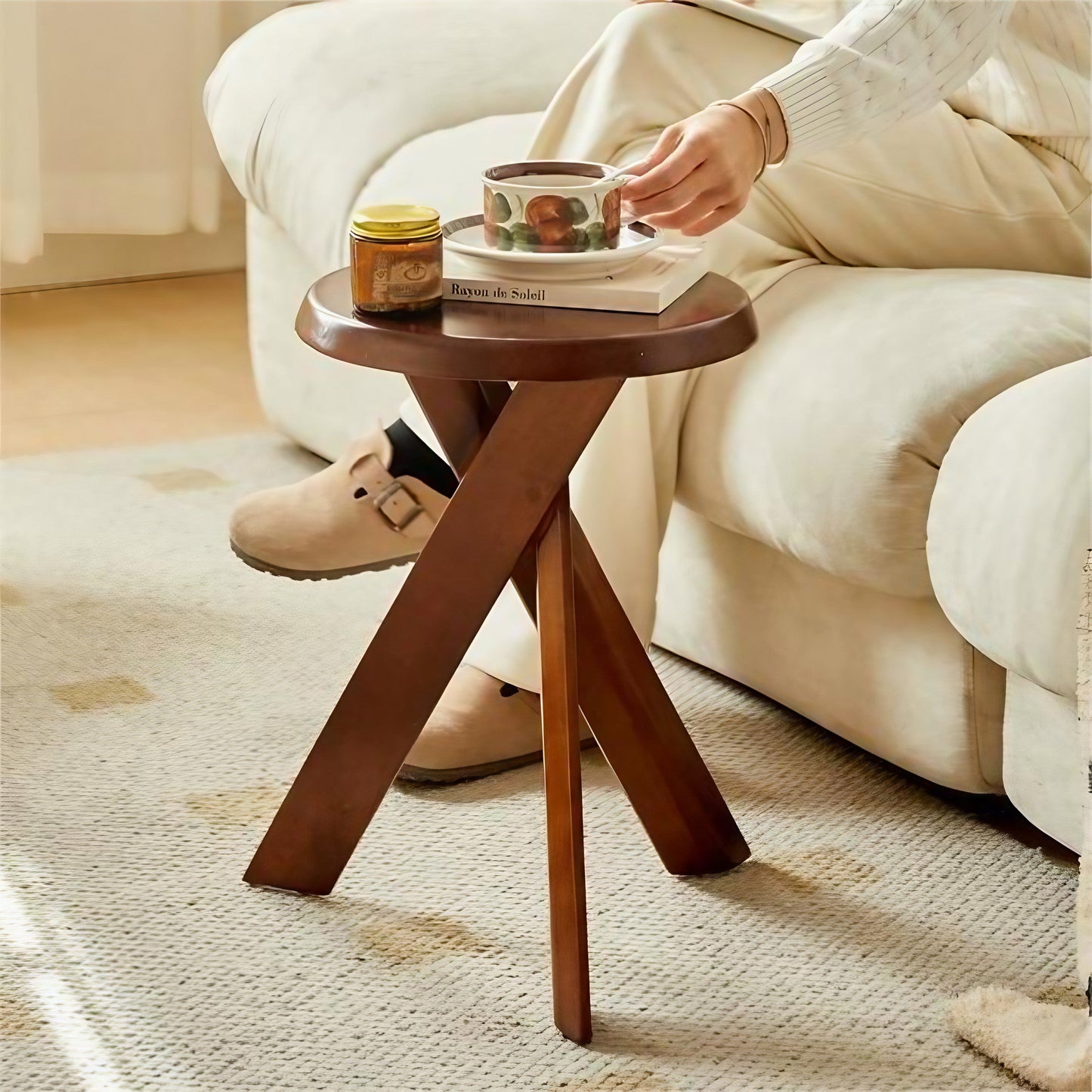 Solid Wood Round Side Table with Cross Legs  Living Room Tray Table Dressing Chair Dining Stool