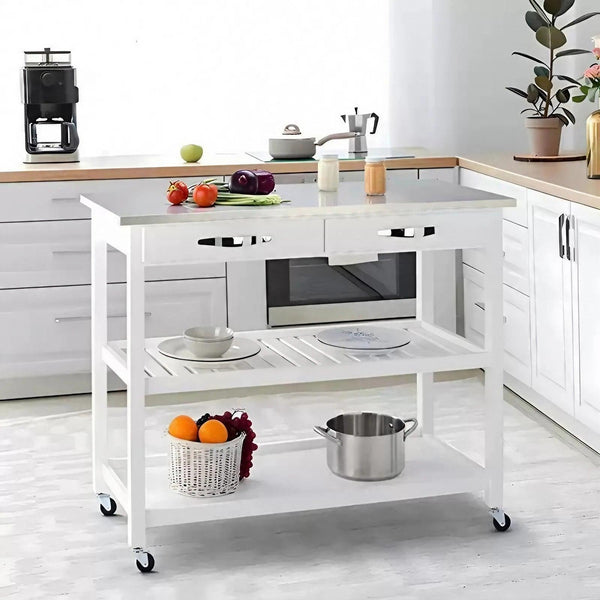 White Kitchen Cart with Stainless Steel Top  Mobile Kitchen Butcher Block Table Island With Drawer