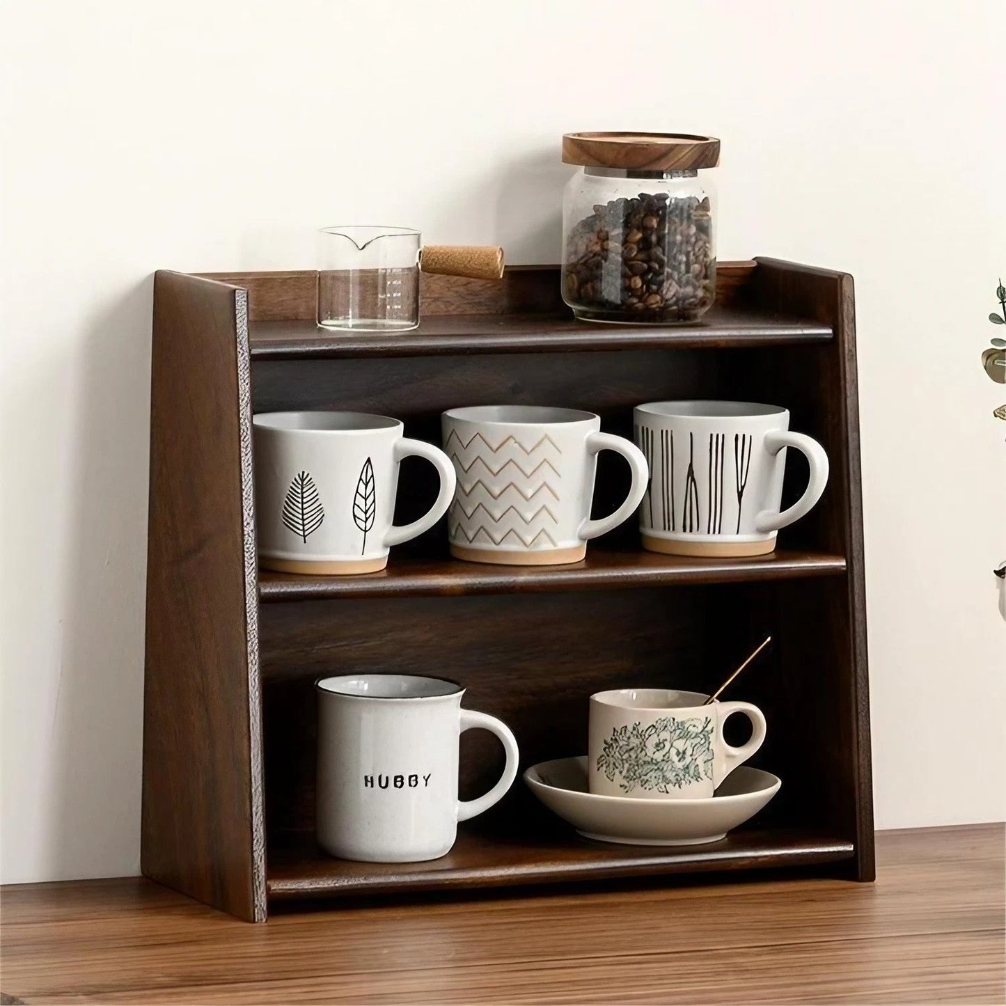 Walnut Solid Wood Desktop Cup Storage Rack Multi-Layer Storage Display Cabinet with Drawer