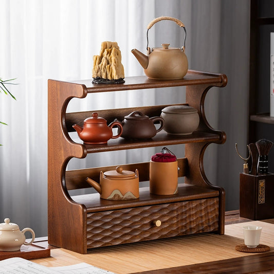 Walnut Solid Wood Desktop Cup Storage Rack Multi-Layer Storage Display Cabinet with Drawer