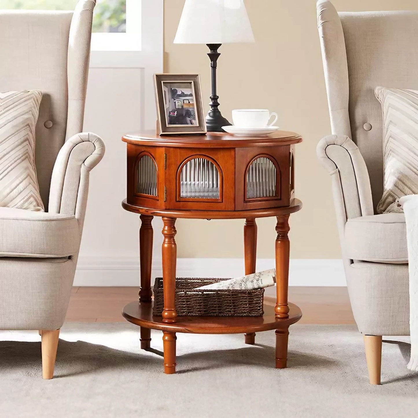 Solid Wood Storage Round Table Sofa Side Table