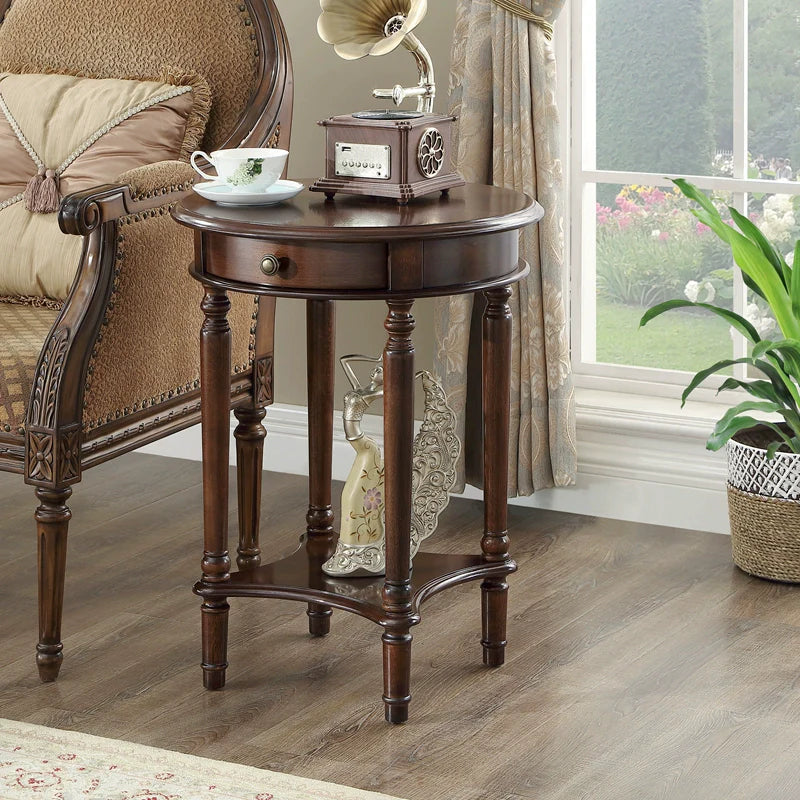 Solid Wood End Table with Drawer, Round 2-Tier Nightstand with Storage Shelf,Sofa Side Table,Living Room Flower Stand