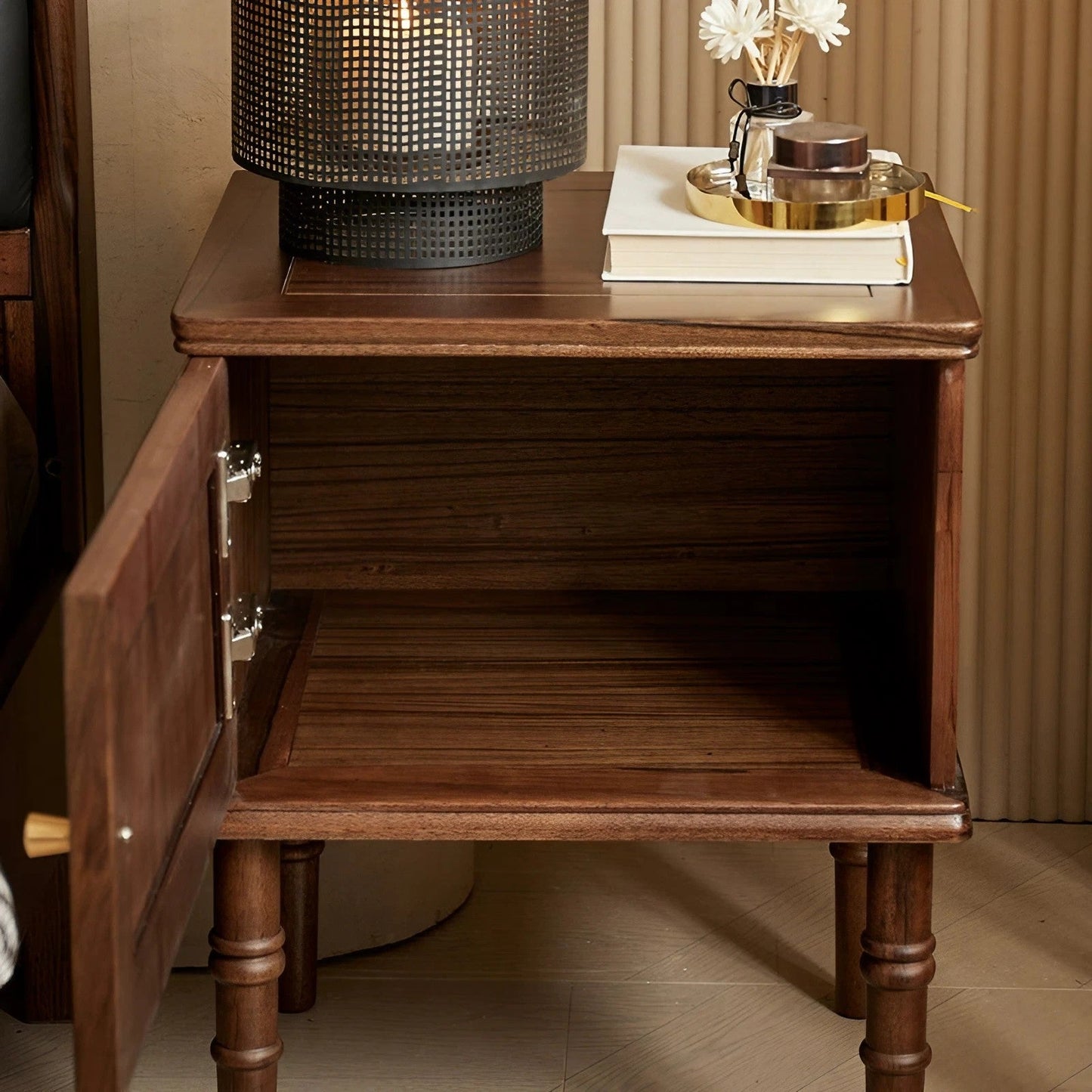 Retro Black Walnut Solid Wood Nightstands Left-Opening Storage Cabinet