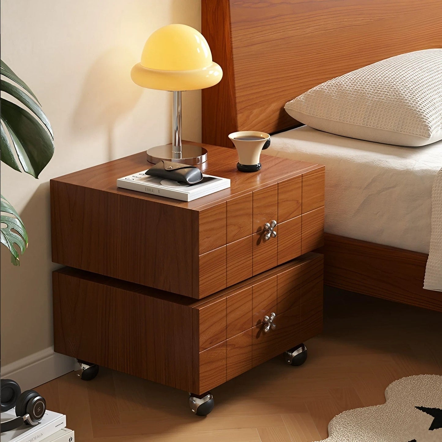 Rotatable Double Layer Solid Wood Nightstand with Wheels And Movable Drawer Storage Bedside Cabinet