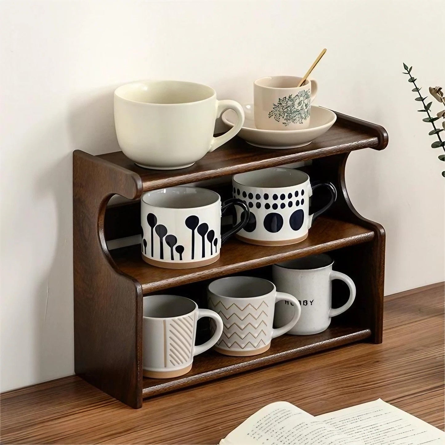 Walnut Solid Wood Desktop Cup Storage Rack Multi-Layer Storage Display Cabinet with Drawer