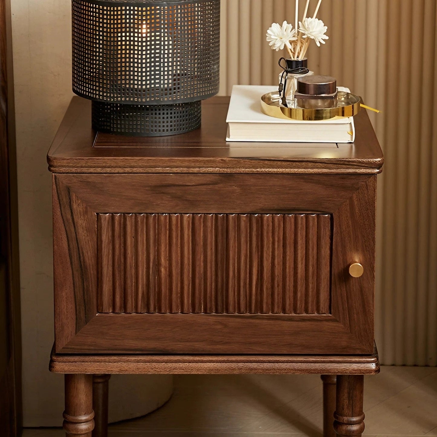 Retro Black Walnut Solid Wood Nightstands Left-Opening Storage Cabinet