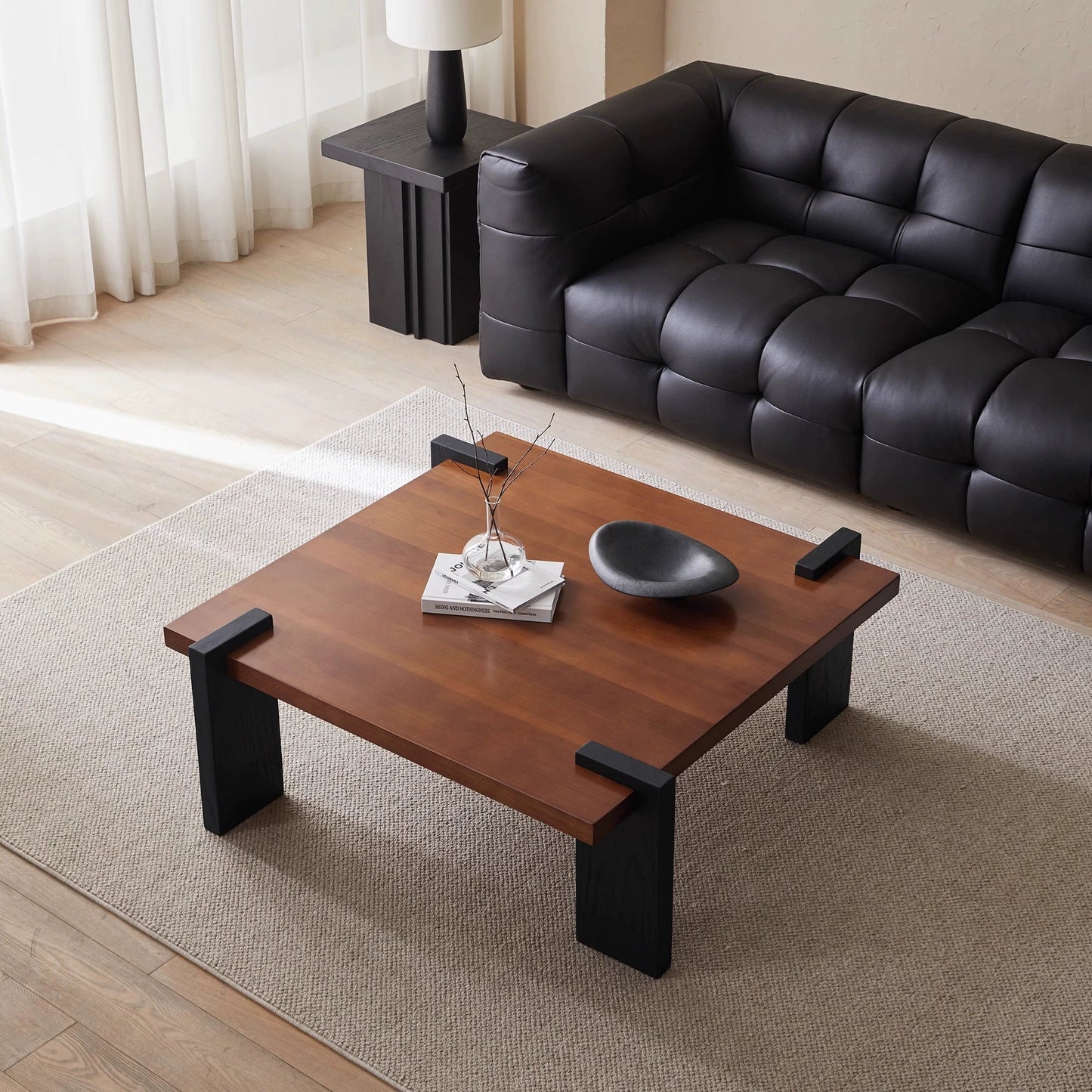 Solid Wood Square Coffee Table with Black Wooden Base, Heavy Wood Short Center Table