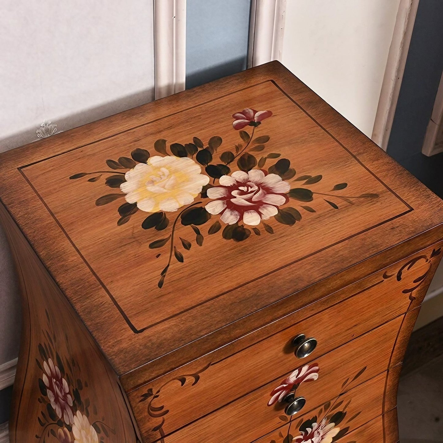 Rustic Hand-Painted Rectangle Storage Cabinet with 7 Drawers,Vase-Shaped Floral Surface Accent Chest