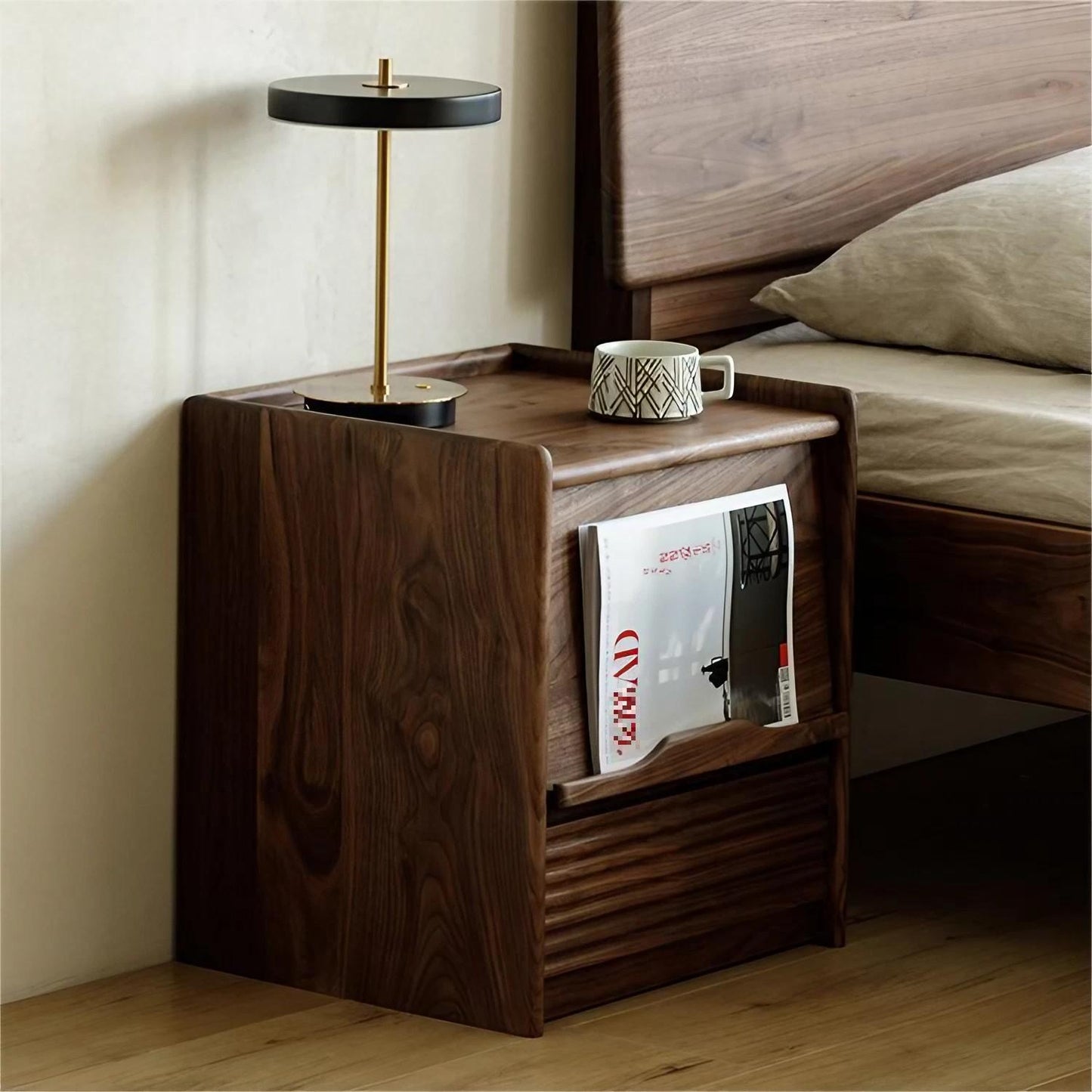 Oak Solid Wood Nightstand Flip Door Cabinet Double-Layer Storage Cabinet