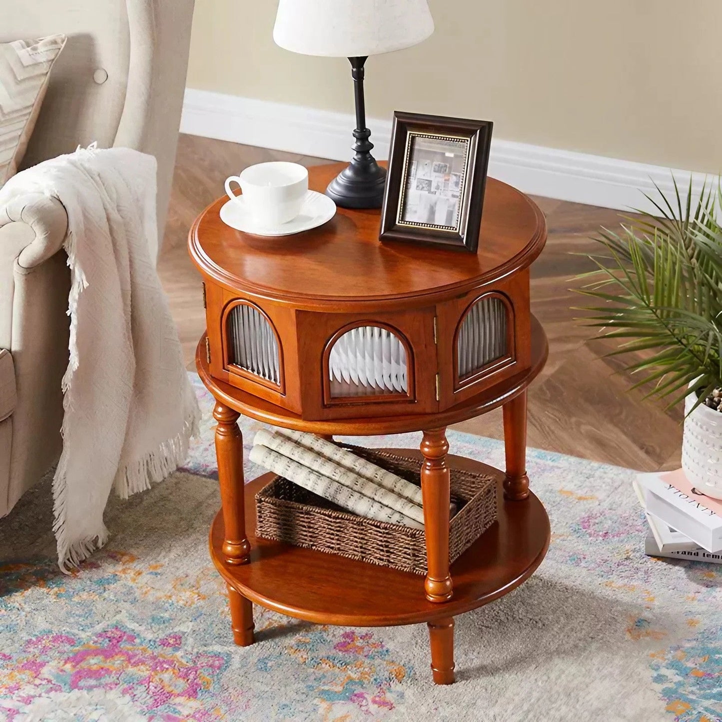 Solid Wood Storage Round Table Sofa Side Table