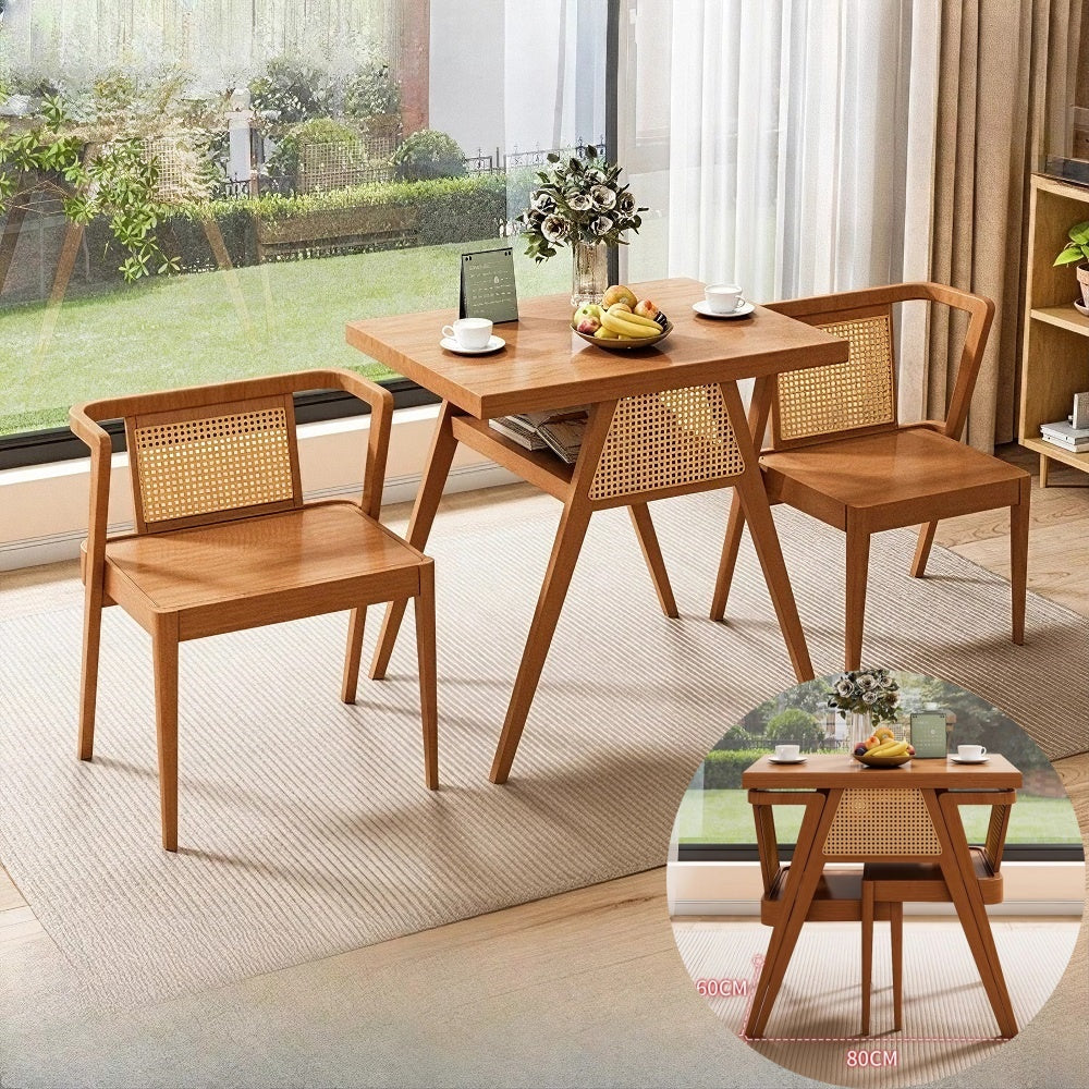 Set of 3 Rattan Walnut Wood Coffee Table Table and Chair Combination Side Table Dining Table