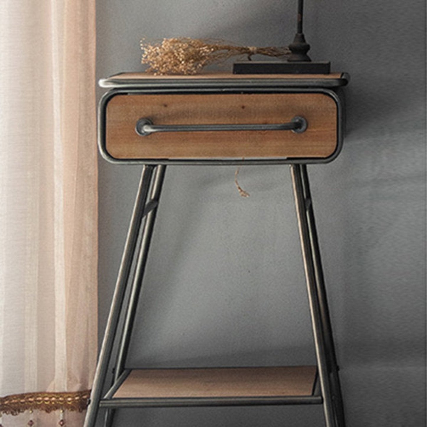 Retro Side Table with Drawer & Shelf Wooden top Metal Legs