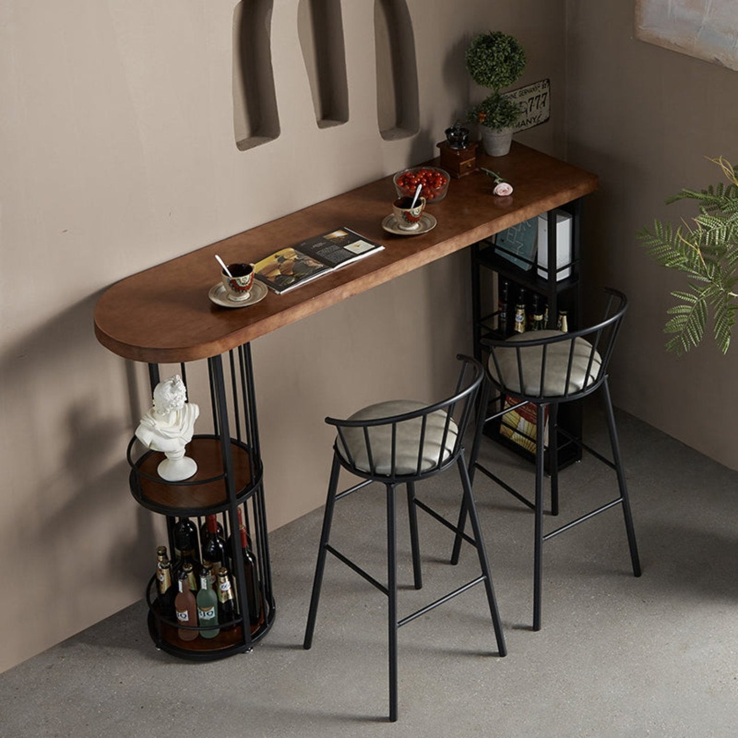 Solid wood bar table with storage shelf