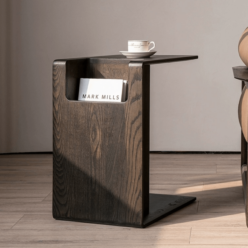 Oak Wood C-Style End Table with Magazine Rack Organizer