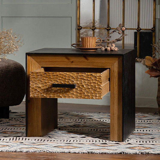 Retro Black Square Carved Side Table - Textured Natural Solid Wood