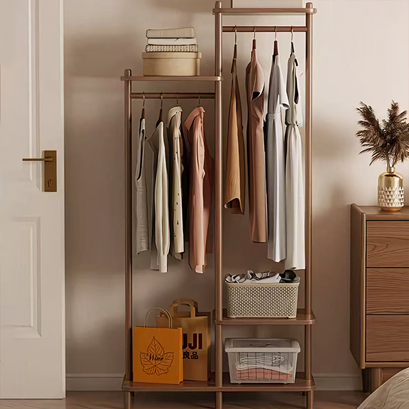 Solid Wood Clothing Rack with Dual Hanging Bars & Storage Shelf – Mode ...