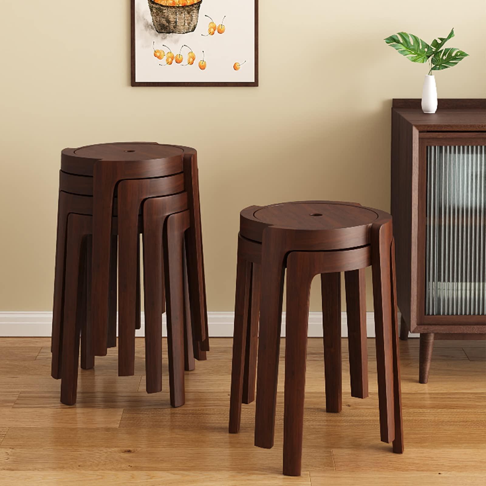 Set Of 2/4/6 Stacking Wooden Stools, Whirl Design Round Top Backless S ...