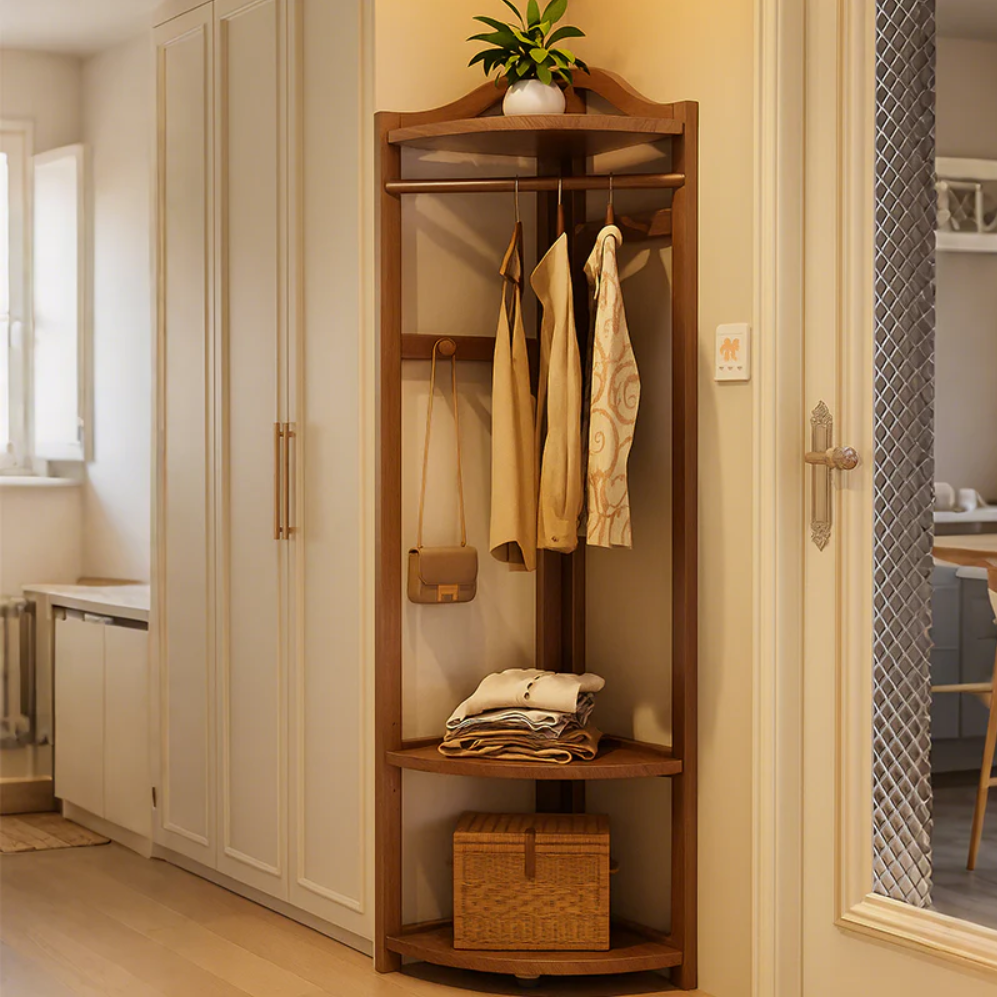 Solid Wood Corner Coat Rack with Shelves – Space-Saving Entryway Organ ...