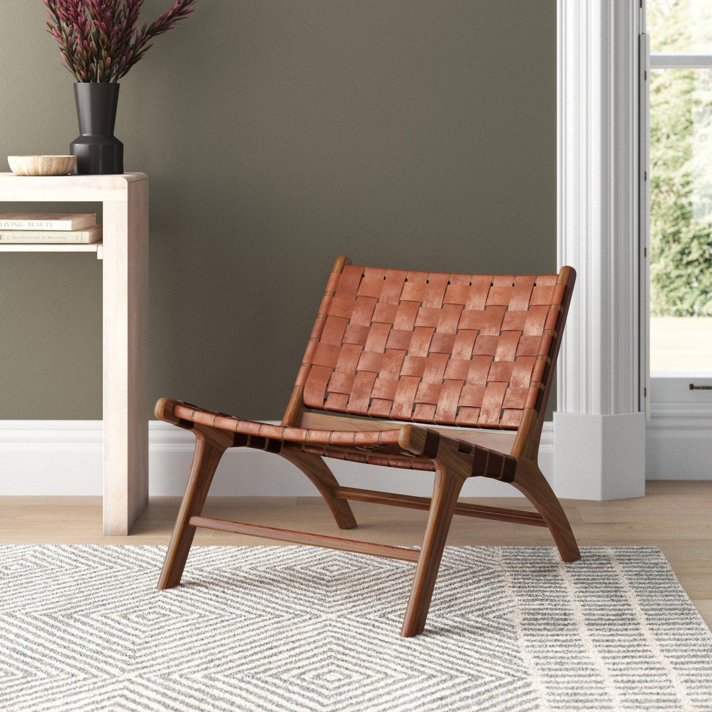 Solid Wood Backrest Waxed Cowhide Woven Recliner