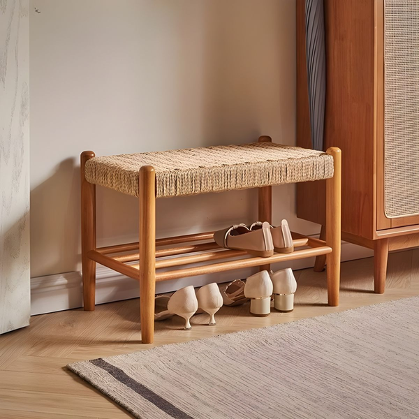 Solid Wood Shoe Bench with Handwoven Rattan Seat – Entryway Storage & Seating