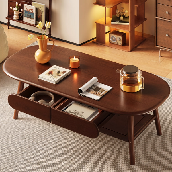 Solid Wood Oval Coffee Table, Compact Living Room Coffee Table, Double-Layer Storage Coffee Table, Modern Minimalist Coffee Table