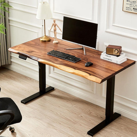 Elegant modern workspace featuring a live-edge wooden desk with black metal legs, stylishly accessorized with a classic monitor, chic table lamp, artistic mannequin, and minimalist decor. Perfect for a contemporary home office setup.