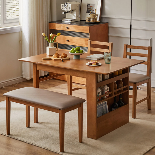 Solid Wood Folding Dining Table With Three-Layer Storage Cabinet - Oak, Walnut