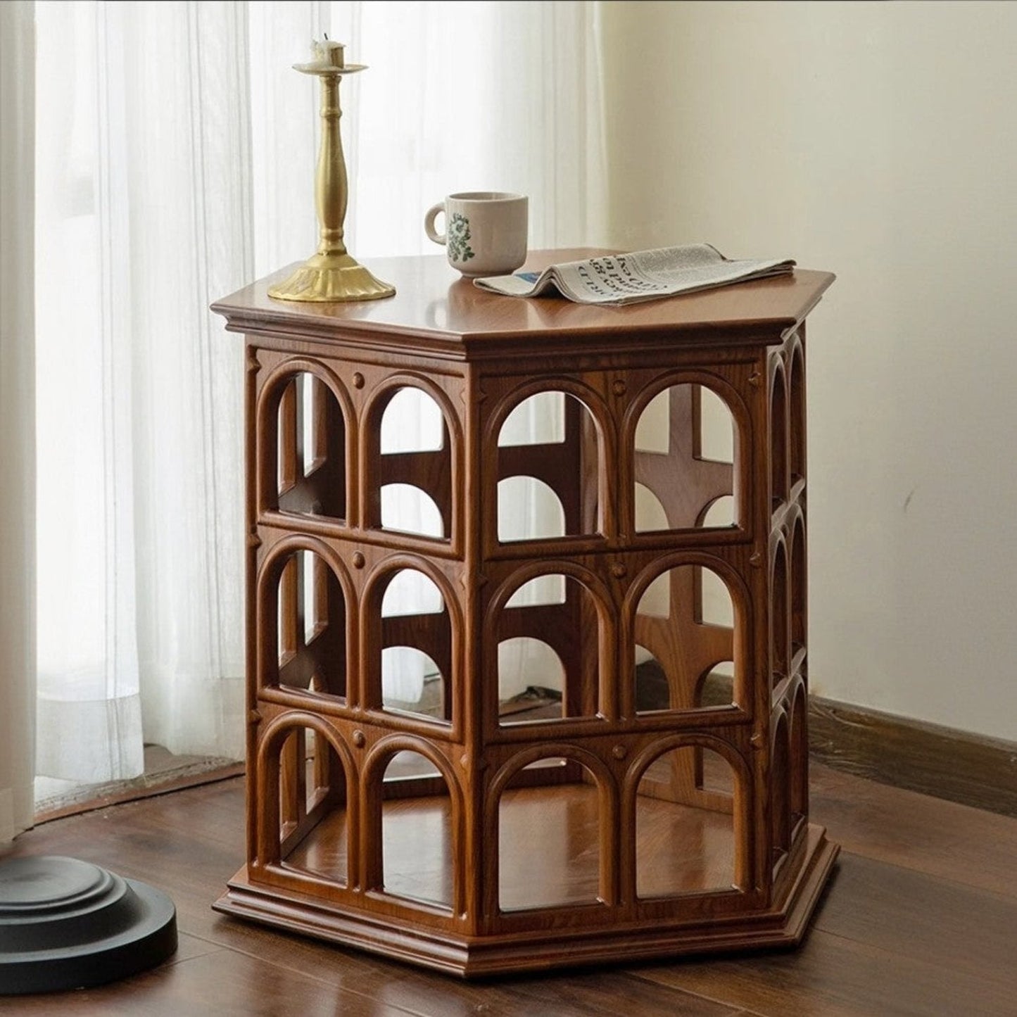 Solid Wood Arched Hollow Carved Design Hexagonal Table