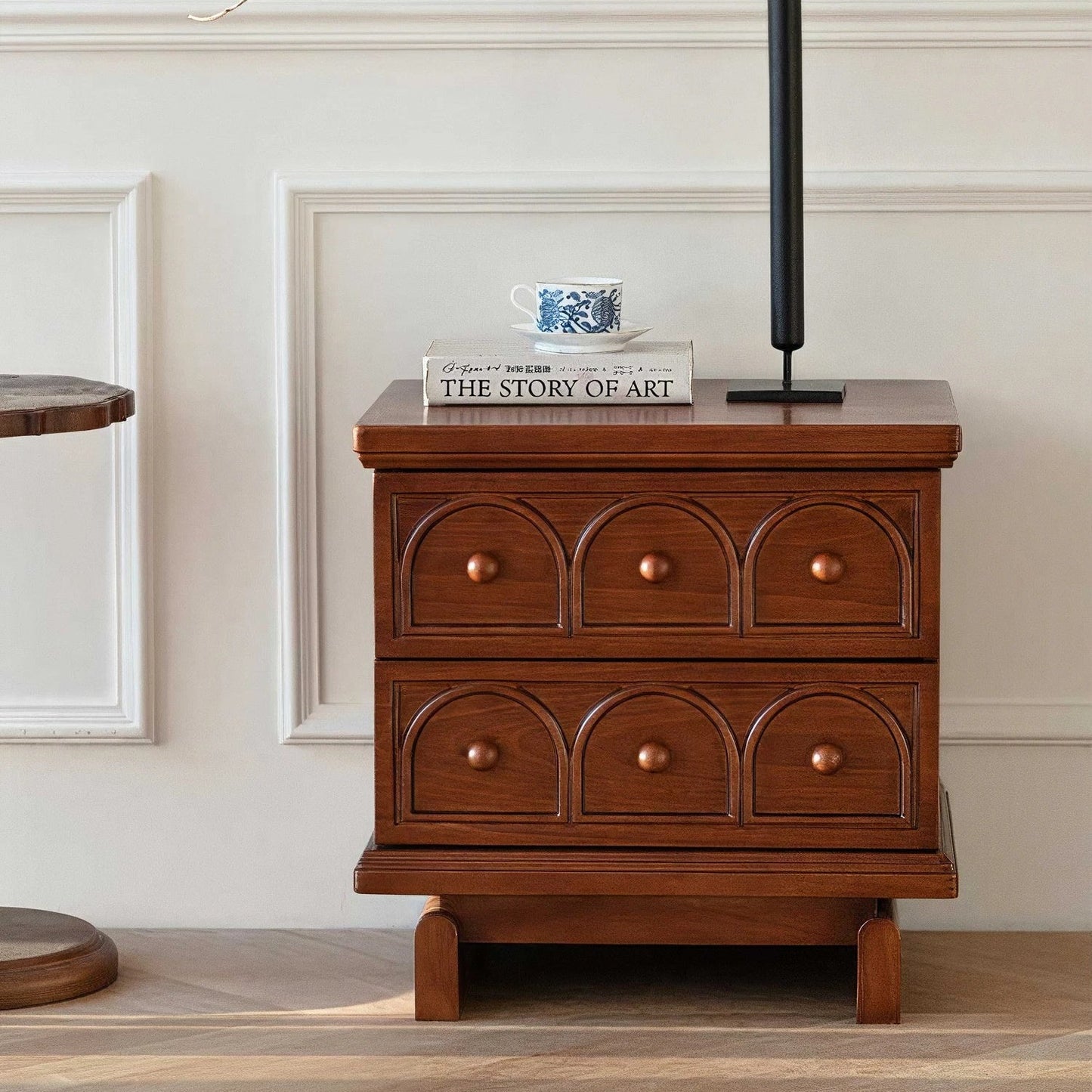 Vintage Traditional Oak Wood 2-Drawer Nightstand Arched Bedside Table End Table