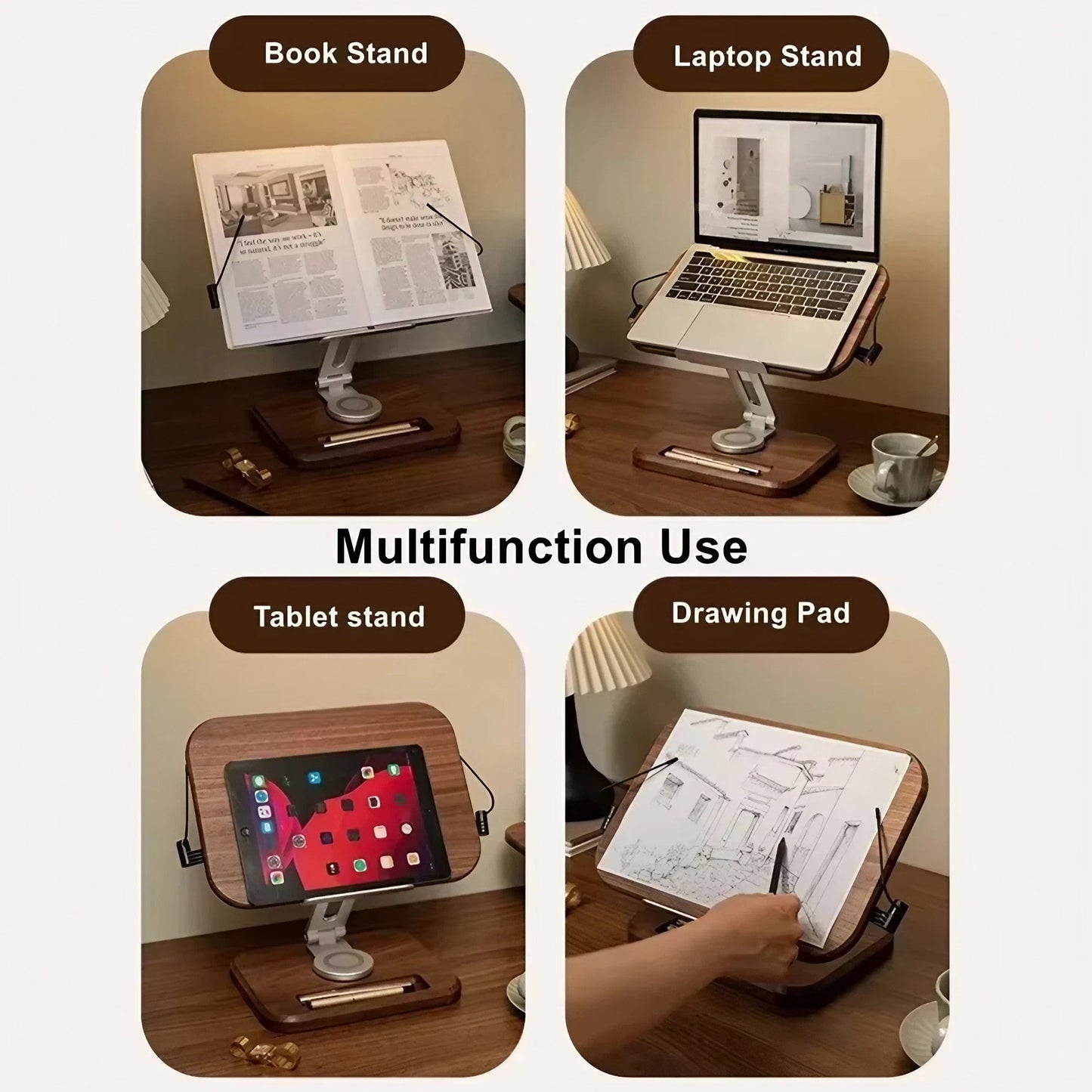 Walnut Solid Wood 360° Rotating Adjustable Foldable Lifting Desktop Book Holder Laptop Bracket