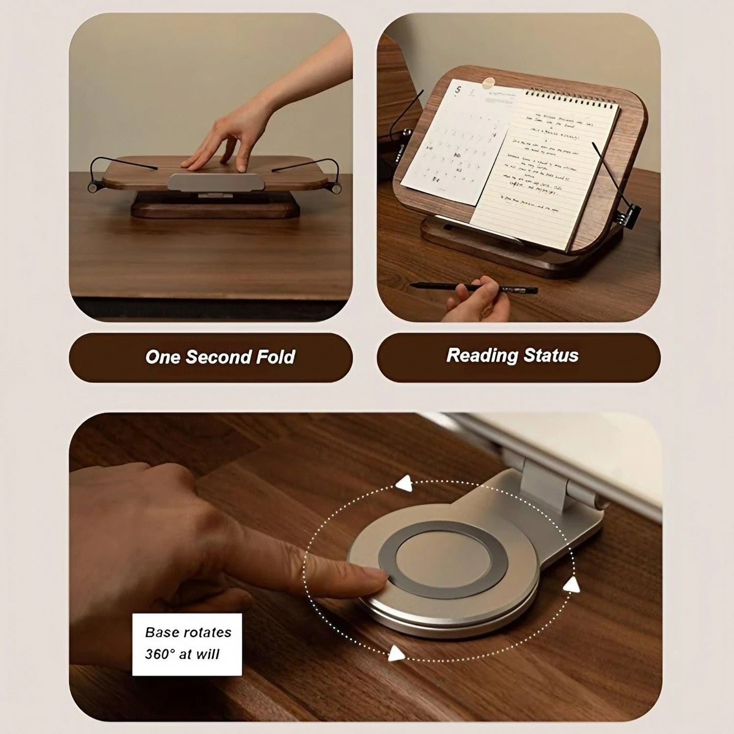 Walnut Solid Wood 360° Rotating Adjustable Foldable Lifting Desktop Book Holder Laptop Bracket