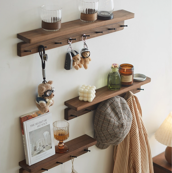 Solid Wood Hook Storage Rack, Rustic Decorative Shelf, Entryway Key Hook, Multifunctional Coat Rack, Wall-Mounted Storage Rack