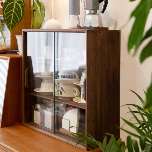 Solid Wood Storage Cabinet, Glass Door Cabinet, Coffee Cup Display, Kitchen Storage Rack, Double-Tier Storage Shelf