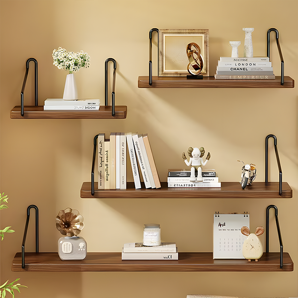 Solid Wood Floating Wall Shelf with Black Metal Brackets – 3 Mounting Options, Modern Minimalist Design