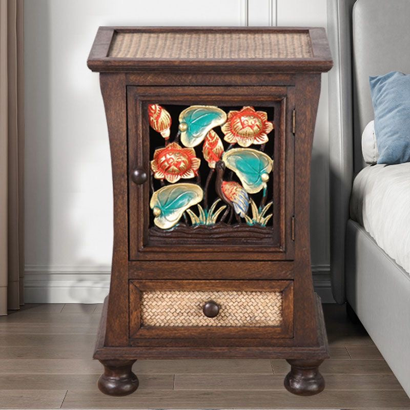 Craftsman style hand carved and rattan bedside table