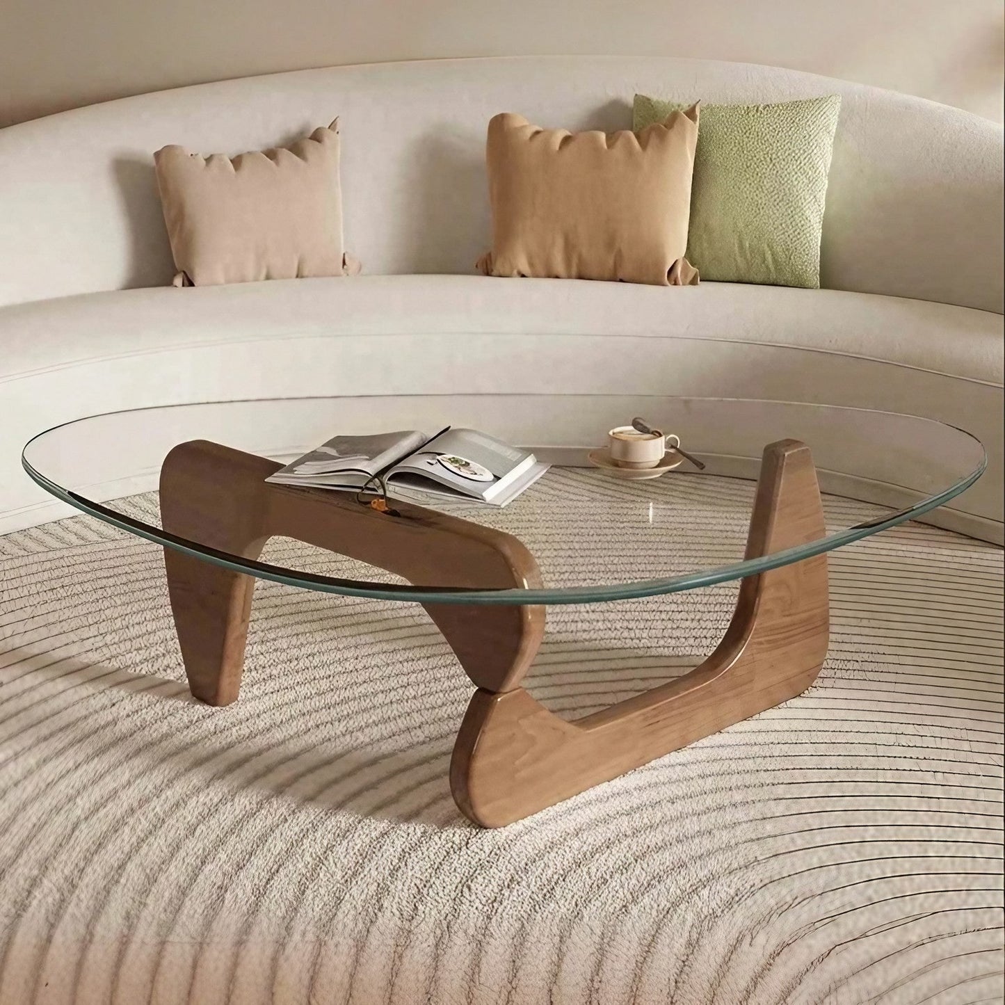 Oak Foot Glass Top Coffee Table Irregular Shape Coffee Table for Living Room