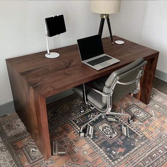 Woodartdeal Modern Waterfall Desk, Handmade Straight Edge Desk, Black Walnut