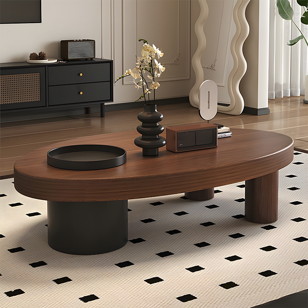 Solid Wood Oval Coffee Table with Black Metal Barrel – Modern Mid-Century Design