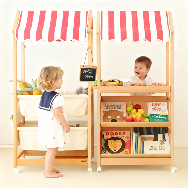 Wooden Children's Bookshelf, Mobile Storage Rack, Toy Display Stand, Multifunctional Bookcase, Wheeled Storage Unit