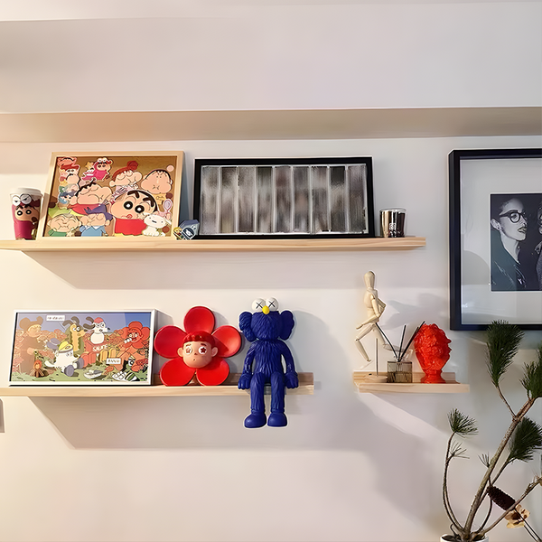 Solid Pine Floating Wall Shelves – Natural Wood Storage with Drill or No-Drill Mount, 4.7″ & 5.9″ Width Options