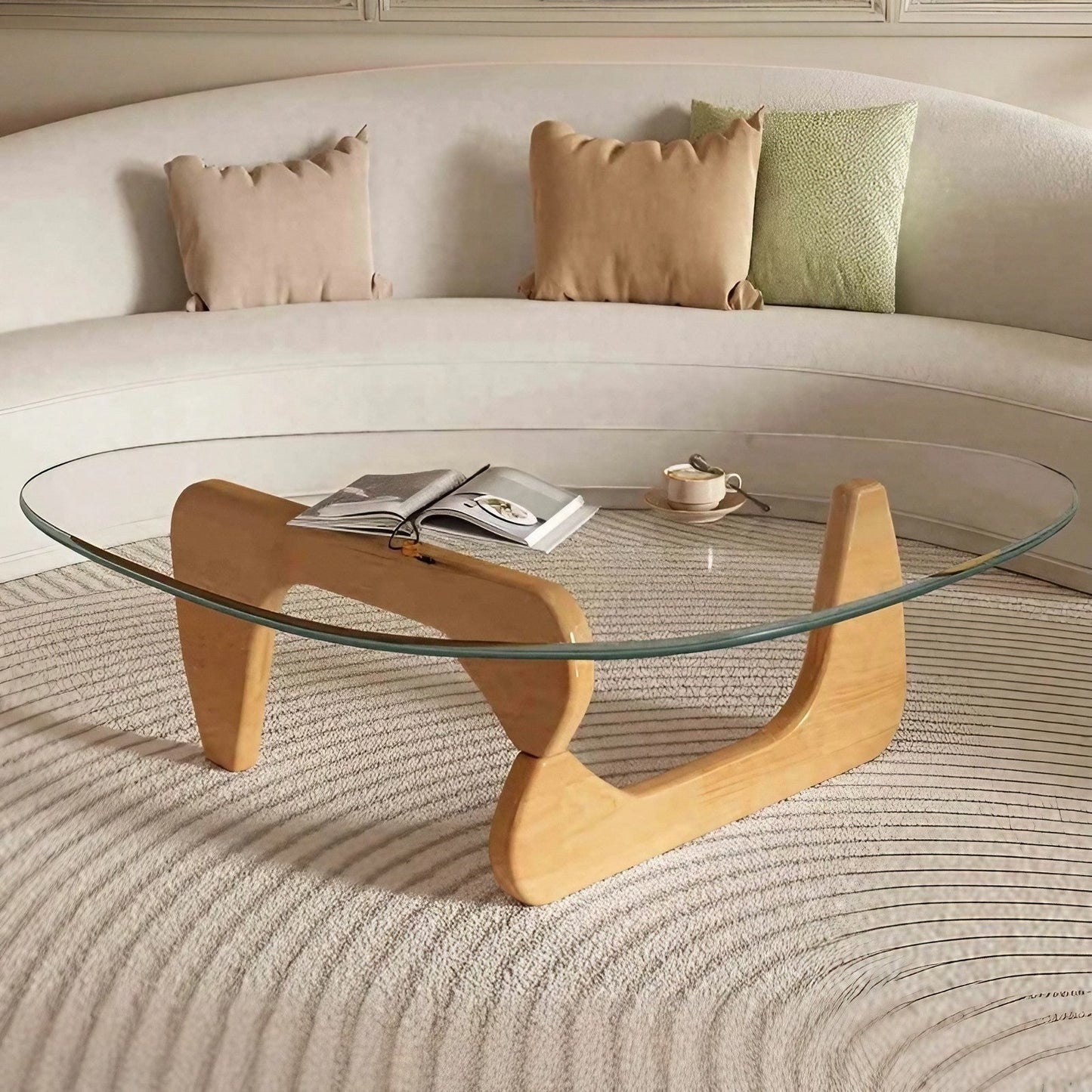 Oak Foot Glass Top Coffee Table Irregular Shape Coffee Table for Living Room