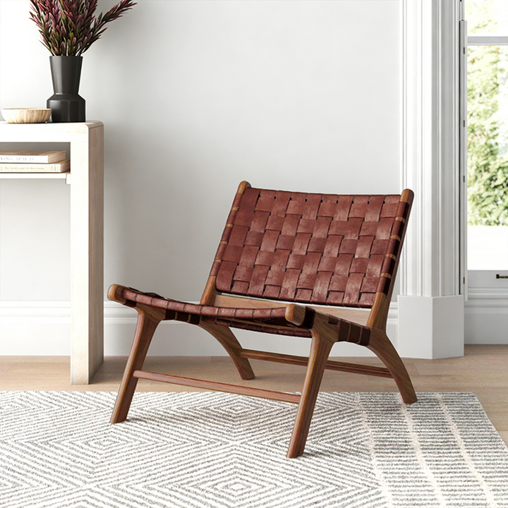 Saddle Leather Handwoven Chair - Oak Frame Handmade Recliner Chair