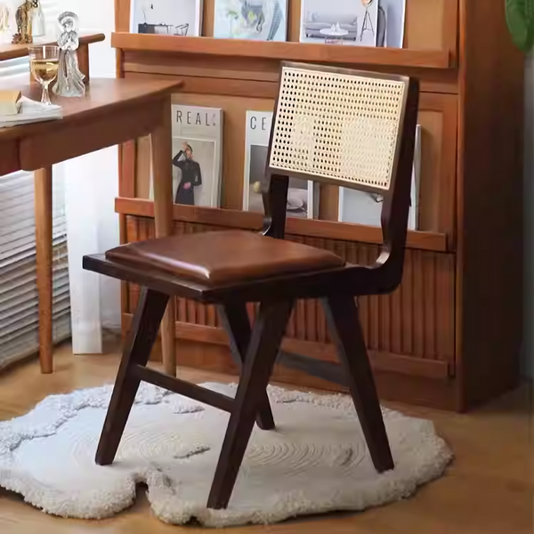 Solid Wood And Rattan-Back Dining Chair, Vanity Chair, Bedroom Desk Chair, Modern Solid Wood Lounge Chair