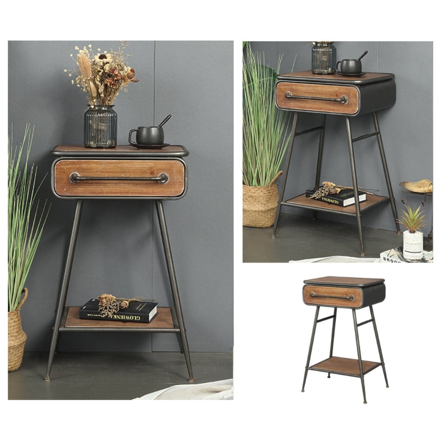 Retro Side Table with Drawer & Shelf Wooden top Metal Legs