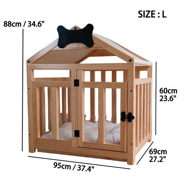 Solid Wood Doghouse with Overhanging Roof, Base and Cushion