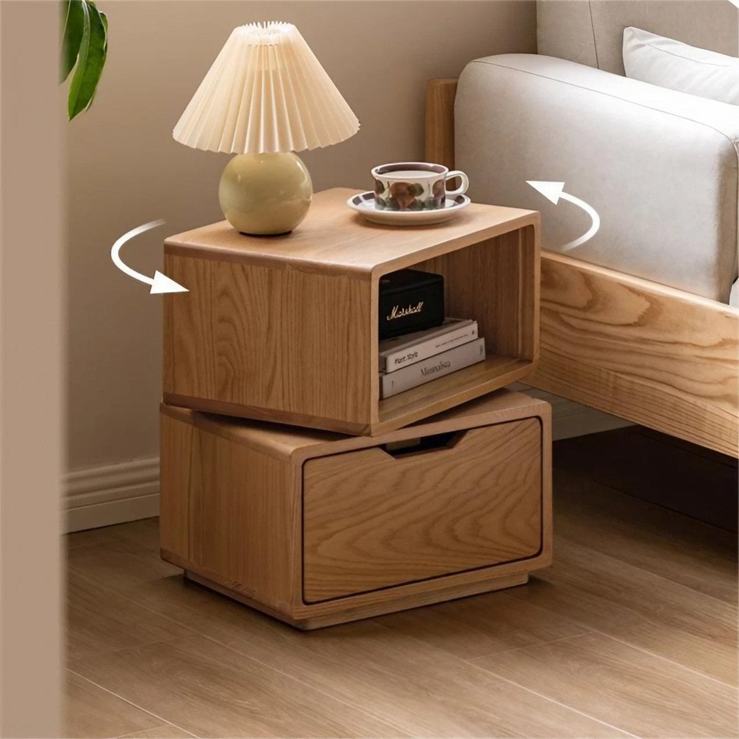 Oak Solid Wood Side Table Rotating Bedside Table